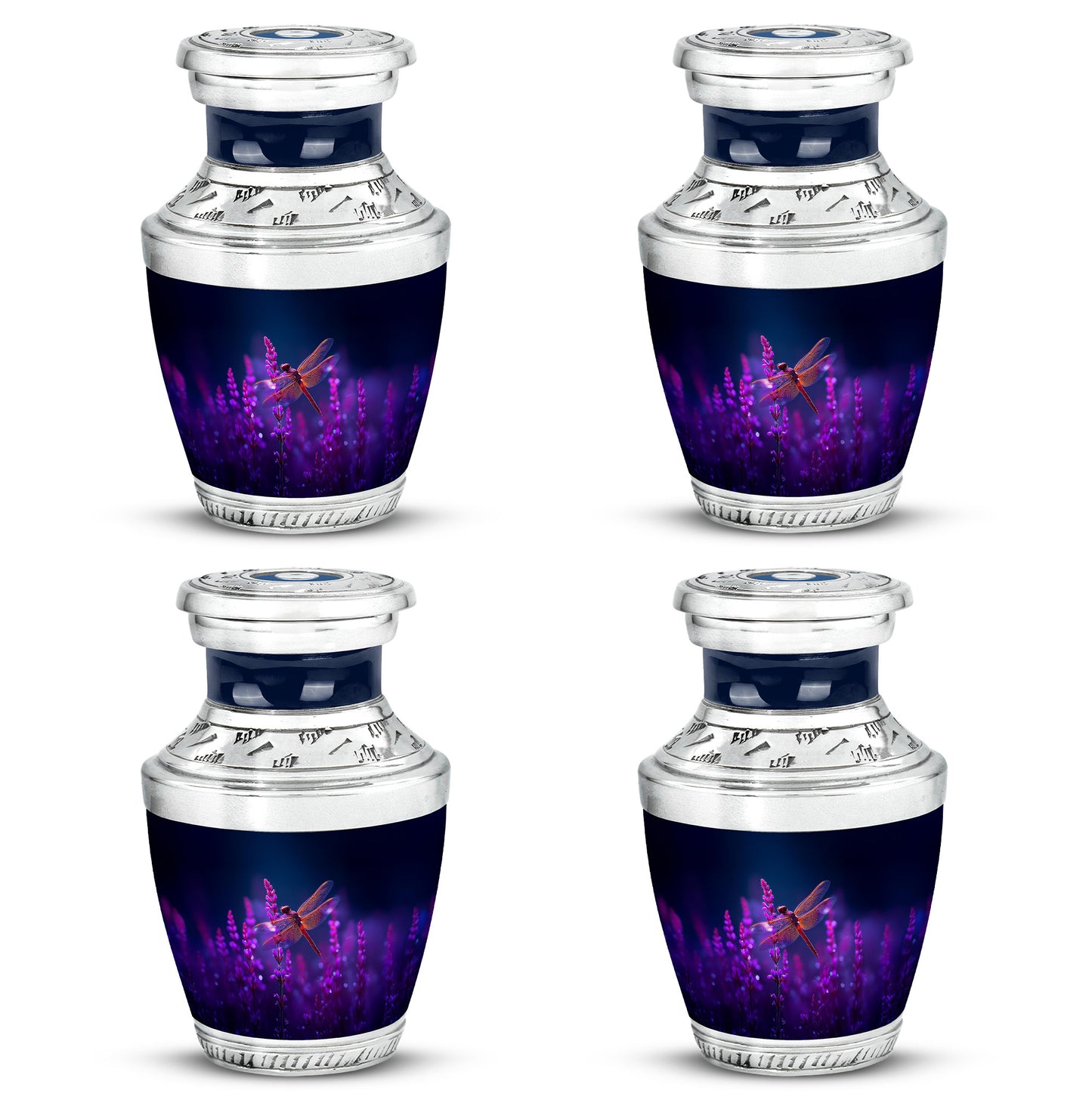 Soft Blue Dragonfly Cremation Urn back view with polished surface - stylized abstract dragonfly pattern with bold lines - 10 inch aluminum urn for cremated remains