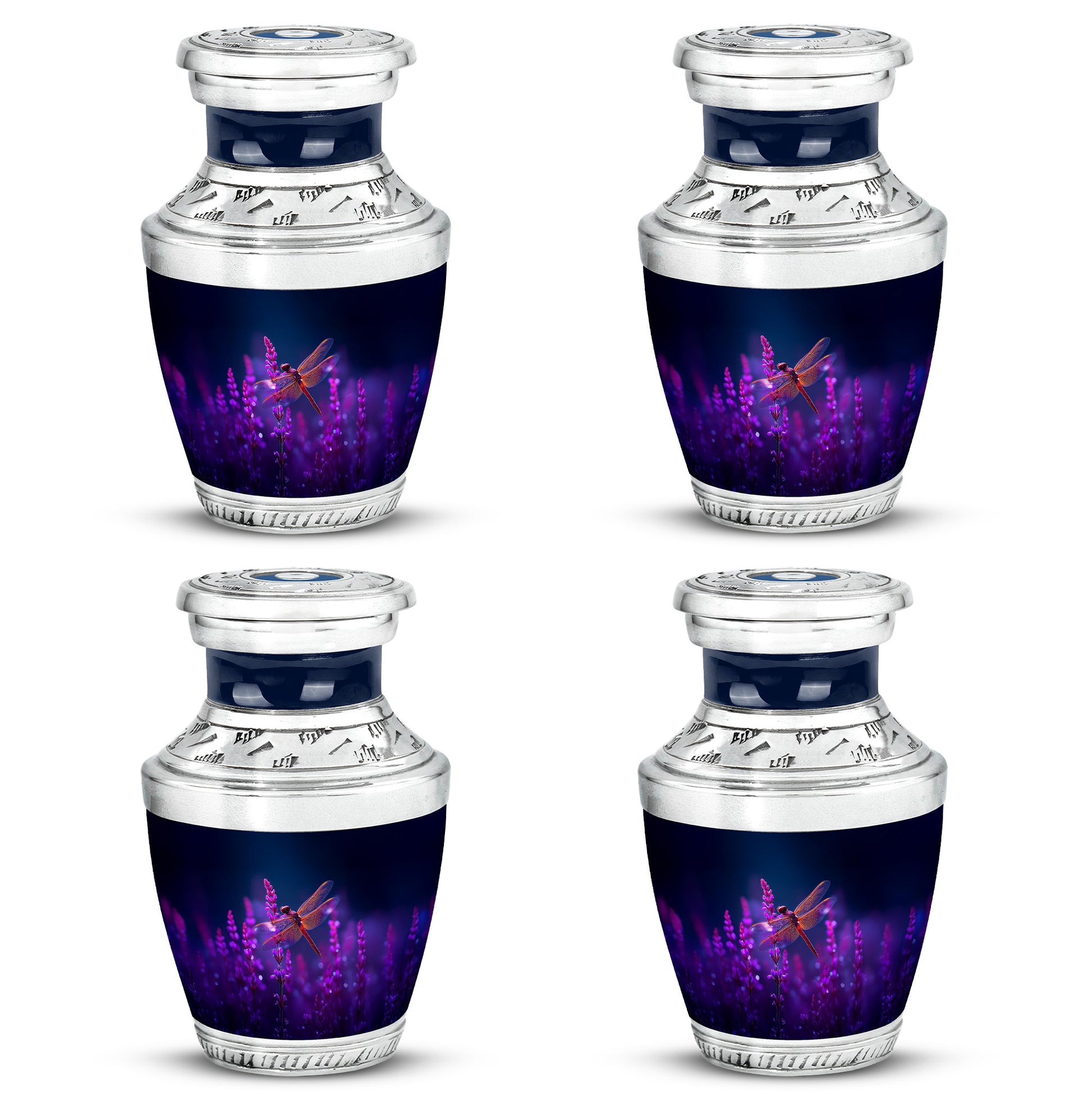 Soft Blue Dragonfly Cremation Urn back view with polished surface - stylized abstract dragonfly pattern with bold lines - 10 inch aluminum urn for cremated remains