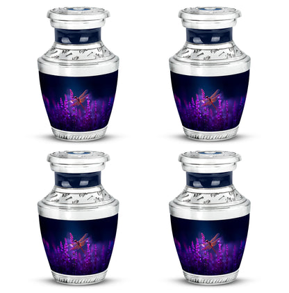 Soft Blue Dragonfly Cremation Urn back view with polished surface - stylized abstract dragonfly pattern with bold lines - 10 inch aluminum urn for cremated remains