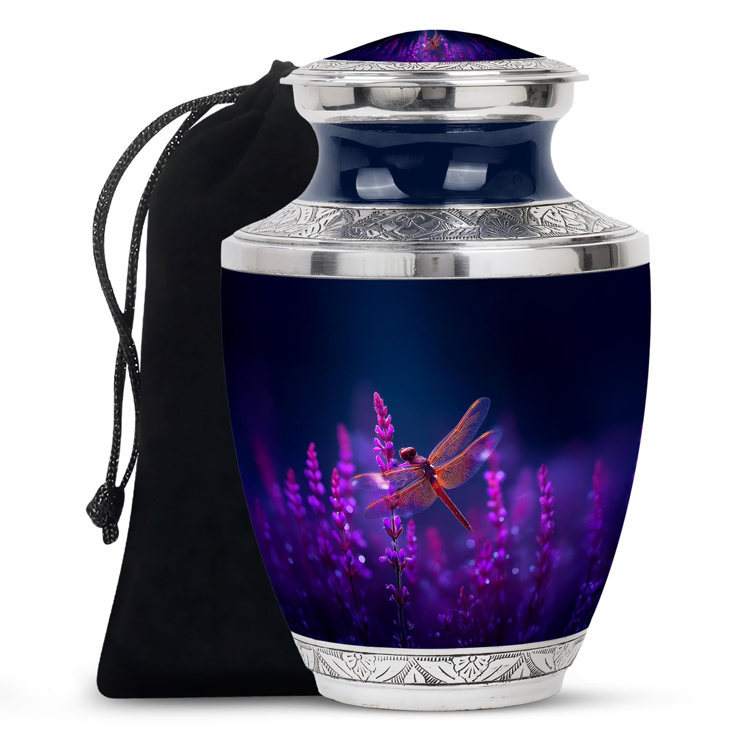 Dusty Blue Dragonfly Cremation Urn side profile showing urn shape - contemporary dragonfly design with modern artistic flair - full-size 10 inch 200 cubic inch adult cremation urn