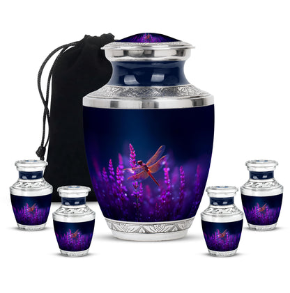 Dusty Blue Dragonfly Cremation Urn lifestyle display on memorial shelf - modern art-inspired dragonfly motif on sleek aluminum - memorial set with one large and four small urns