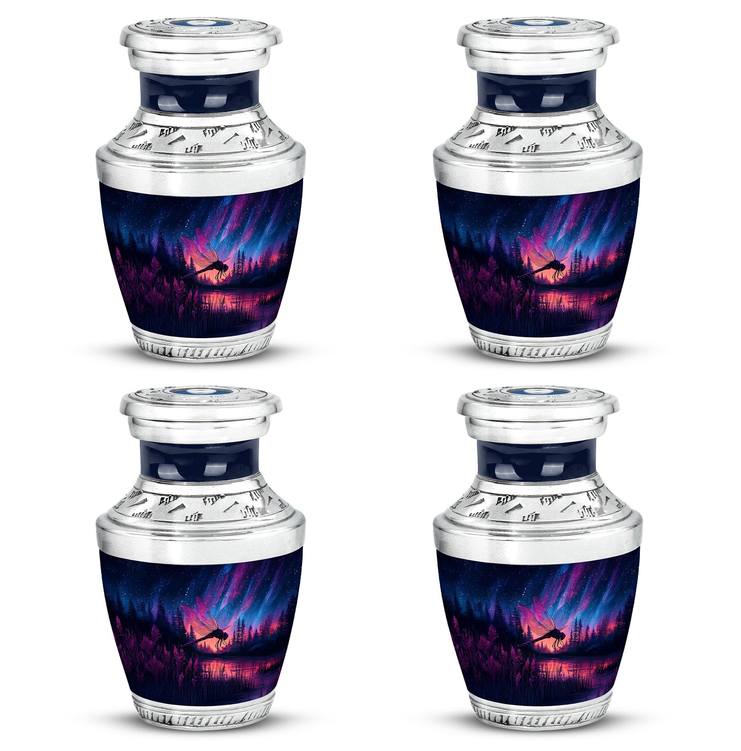 Calming Blue Dragonfly Cremation Urn back view with polished surface - stylized abstract dragonfly pattern with bold lines - 10 inch aluminum urn for cremated remains