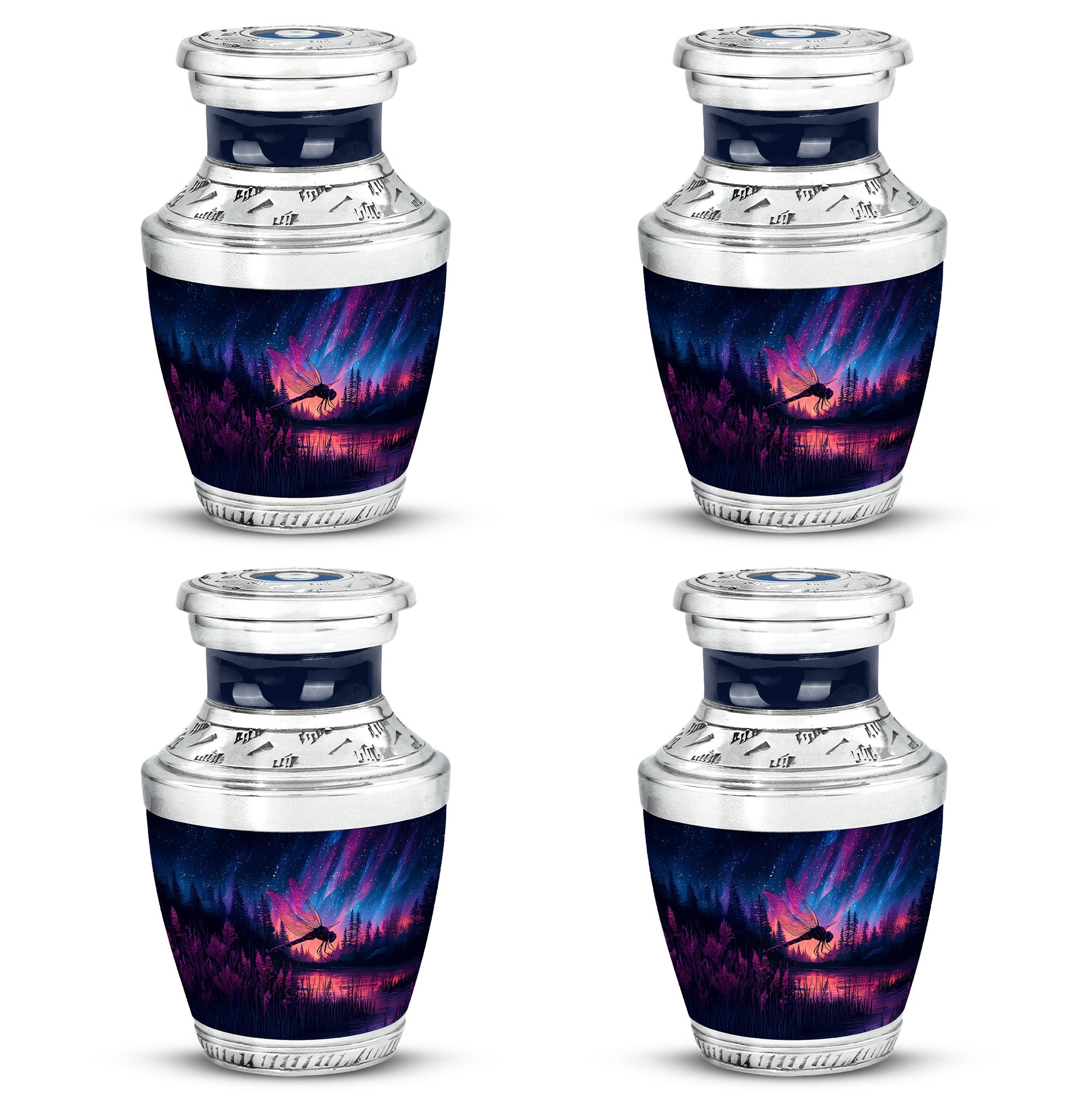 Calming Blue Dragonfly Cremation Urn back view with polished surface - stylized abstract dragonfly pattern with bold lines - 10 inch aluminum urn for cremated remains