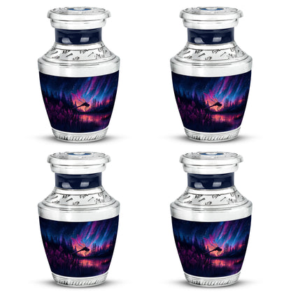 Calming Blue Dragonfly Cremation Urn back view with polished surface - stylized abstract dragonfly pattern with bold lines - 10 inch aluminum urn for cremated remains