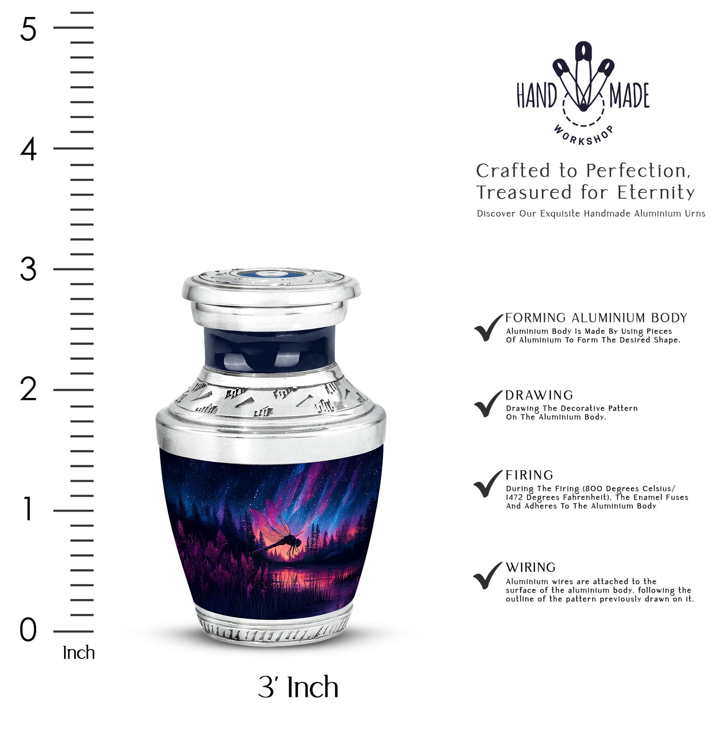 Bright Blue Dragonfly Cremation Urn top-down view of secure threaded lid - artistic dragonfly interpretation with creative detail - mini keepsake memorial for portion of cremation ashes