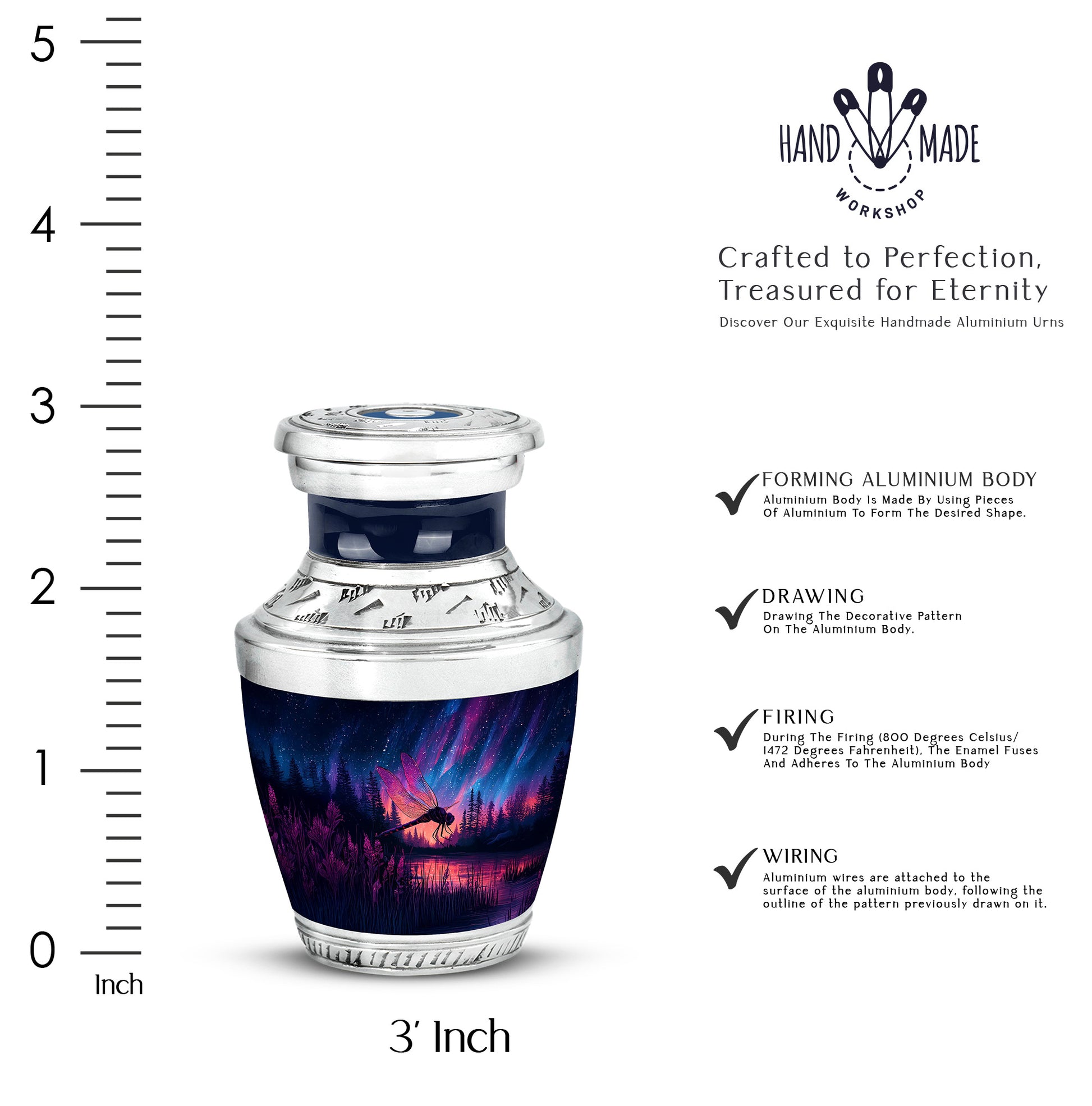 Bright Blue Dragonfly Cremation Urn top-down view of secure threaded lid - artistic dragonfly interpretation with creative detail - mini keepsake memorial for portion of cremation ashes