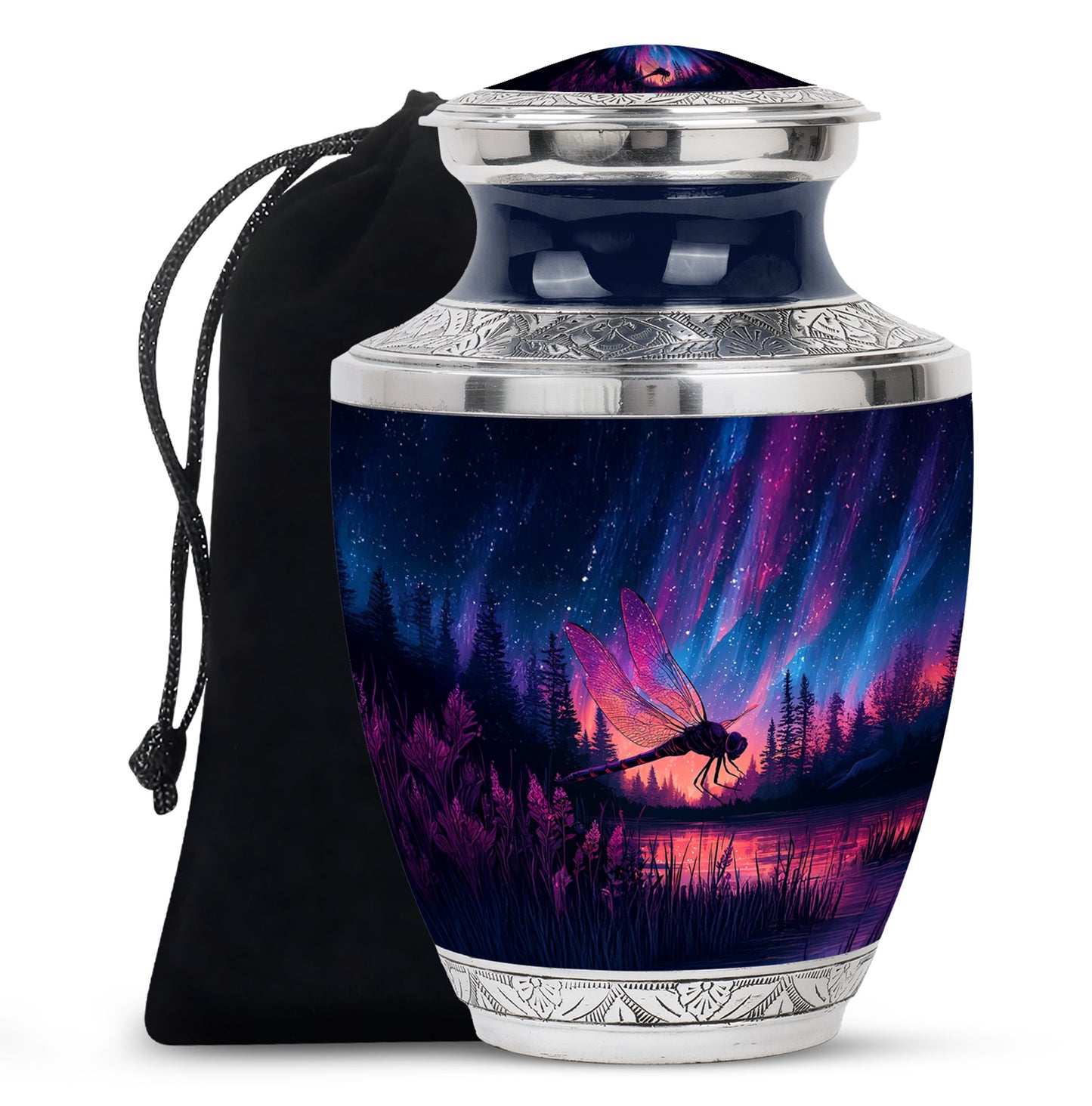Slate Blue Dragonfly Cremation Urn side profile showing urn shape - modern art-inspired dragonfly motif on sleek aluminum - full-size 10 inch 200 cubic inch adult cremation urn