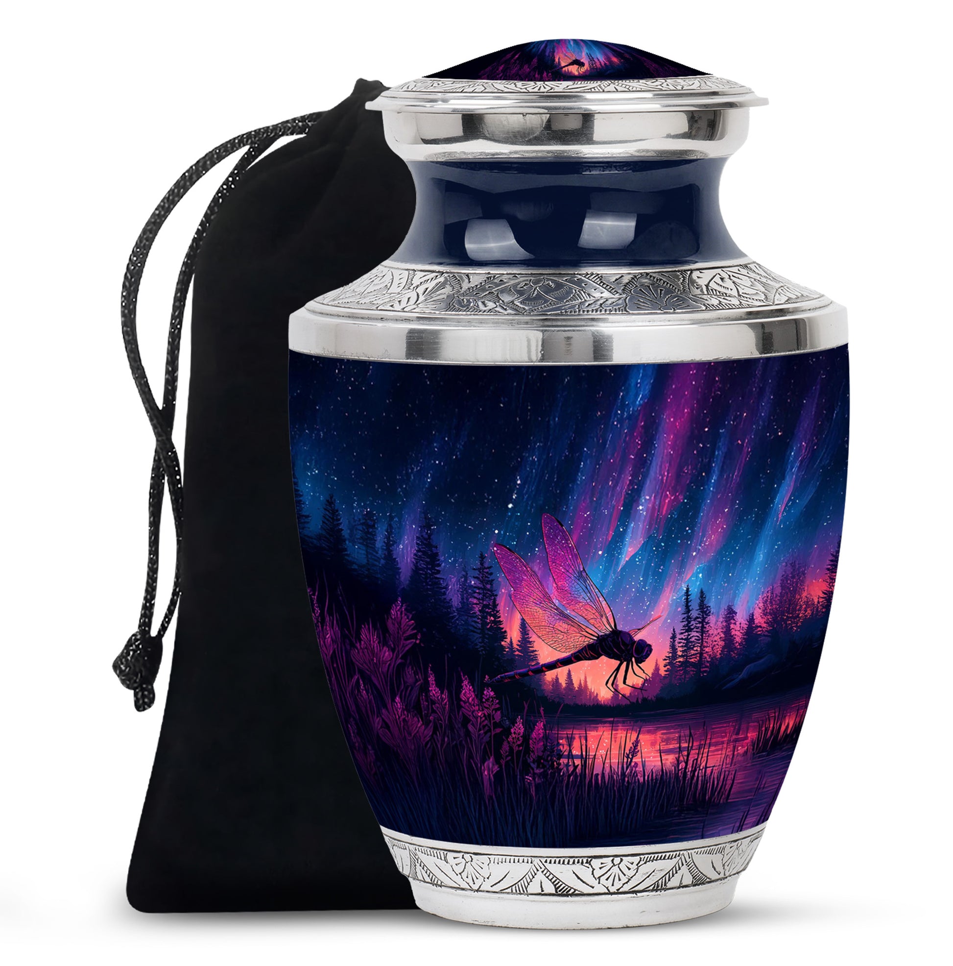 Slate Blue Dragonfly Cremation Urn side profile showing urn shape - modern art-inspired dragonfly motif on sleek aluminum - full-size 10 inch 200 cubic inch adult cremation urn