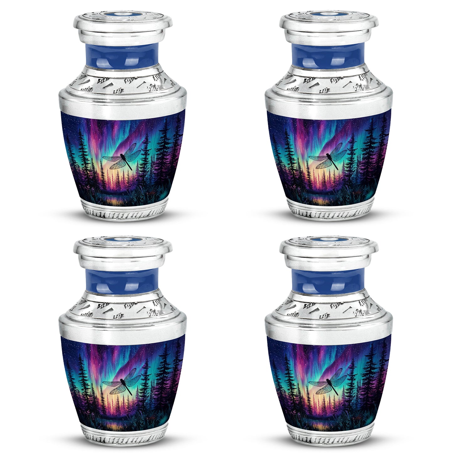 Azure Dragonfly Cremation Urn back view with polished surface - contemporary dragonfly design with modern artistic flair - 10 inch aluminum urn for cremated remains