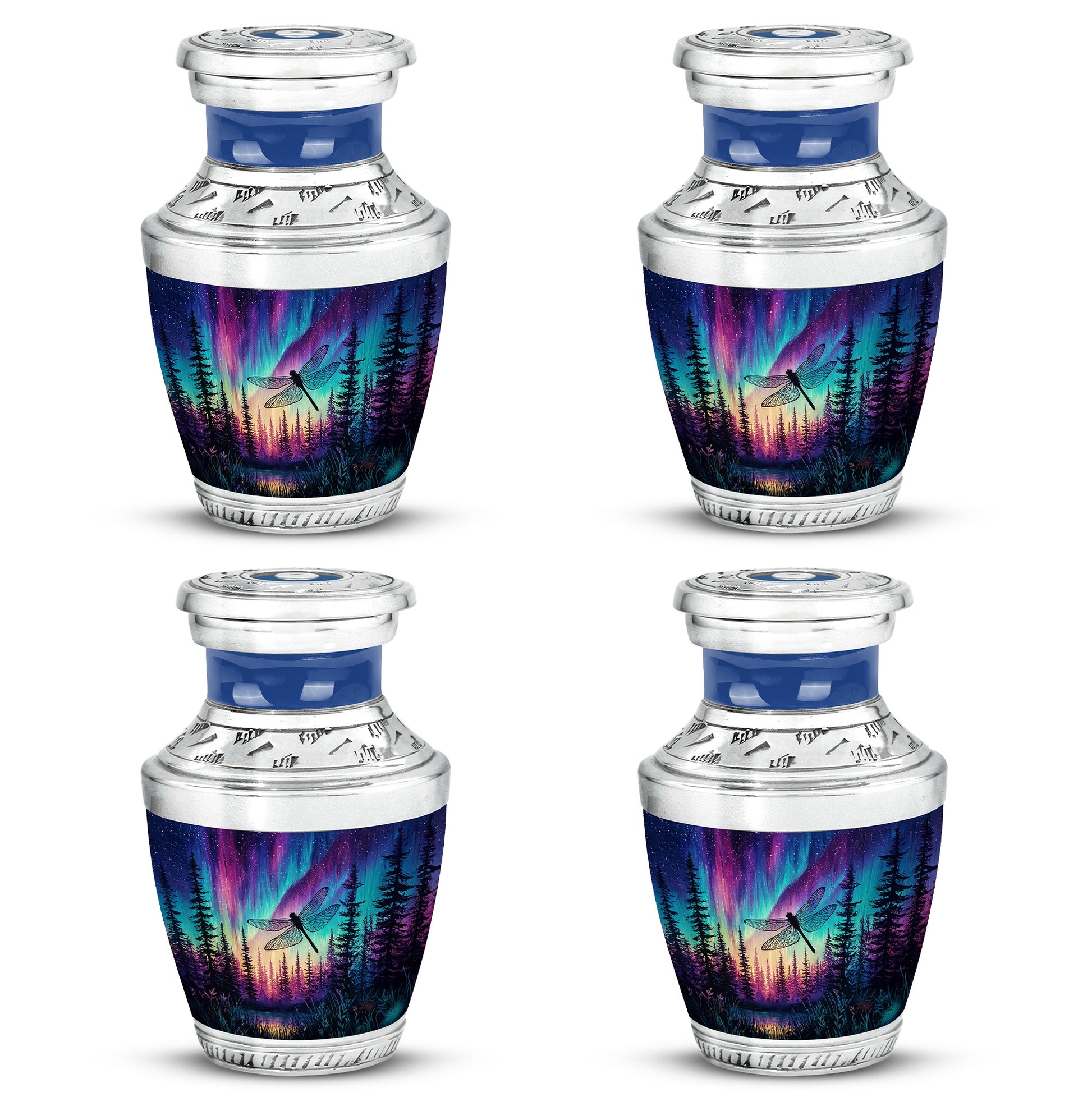 Azure Dragonfly Cremation Urn back view with polished surface - contemporary dragonfly design with modern artistic flair - 10 inch aluminum urn for cremated remains