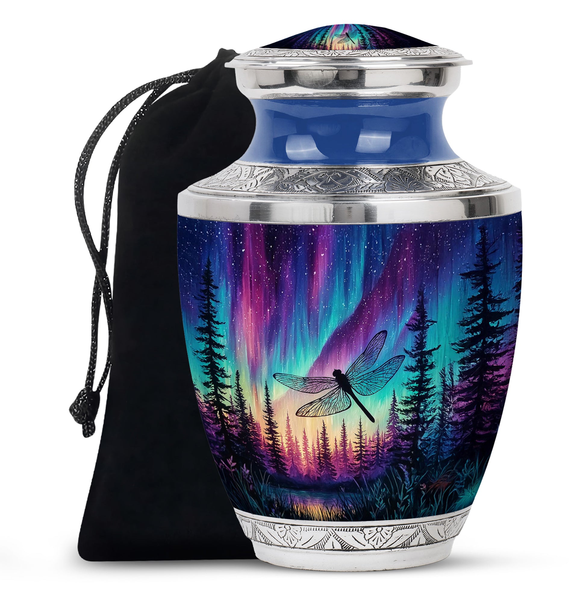 Cobalt Blue Dragonfly Cremation Urn side profile showing urn shape - stylized abstract dragonfly pattern with bold lines - full-size 10 inch 200 cubic inch adult cremation urn