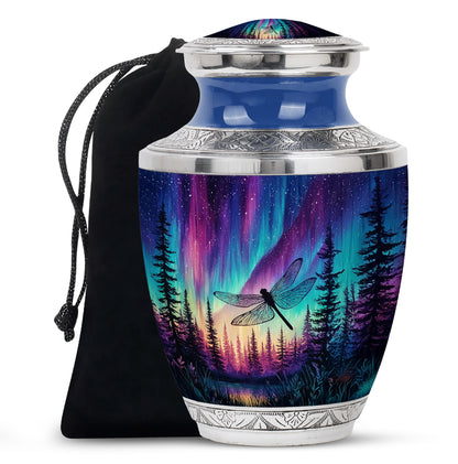 Cobalt Blue Dragonfly Cremation Urn side profile showing urn shape - stylized abstract dragonfly pattern with bold lines - full-size 10 inch 200 cubic inch adult cremation urn