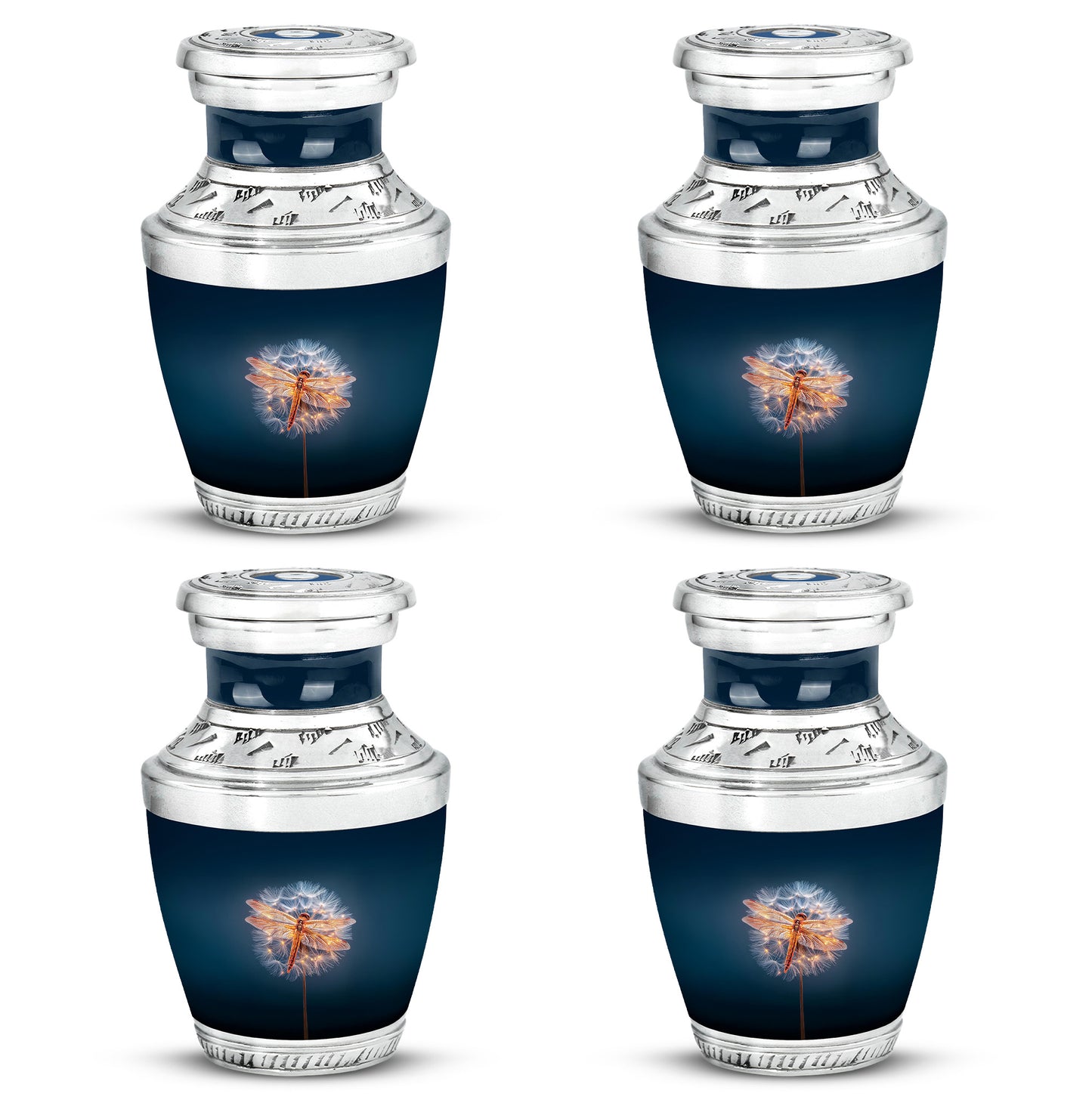 Dusty Blue Dragonfly Cremation Urn back view with polished surface - modern art-inspired dragonfly motif on sleek aluminum - 10 inch aluminum urn for cremated remains