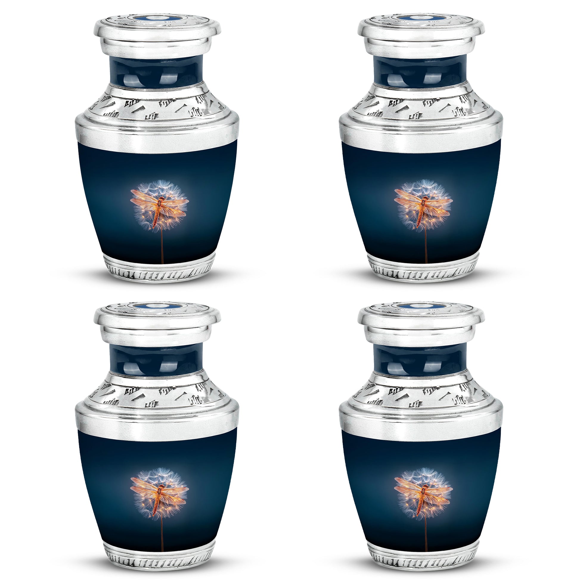 Dusty Blue Dragonfly Cremation Urn back view with polished surface - modern art-inspired dragonfly motif on sleek aluminum - 10 inch aluminum urn for cremated remains