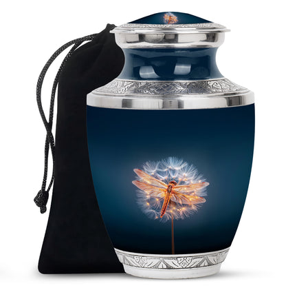 Icy Blue Dragonfly Cremation Urn side profile showing urn shape - modern art-inspired dragonfly motif on sleek aluminum - full-size 10 inch 200 cubic inch adult cremation urn