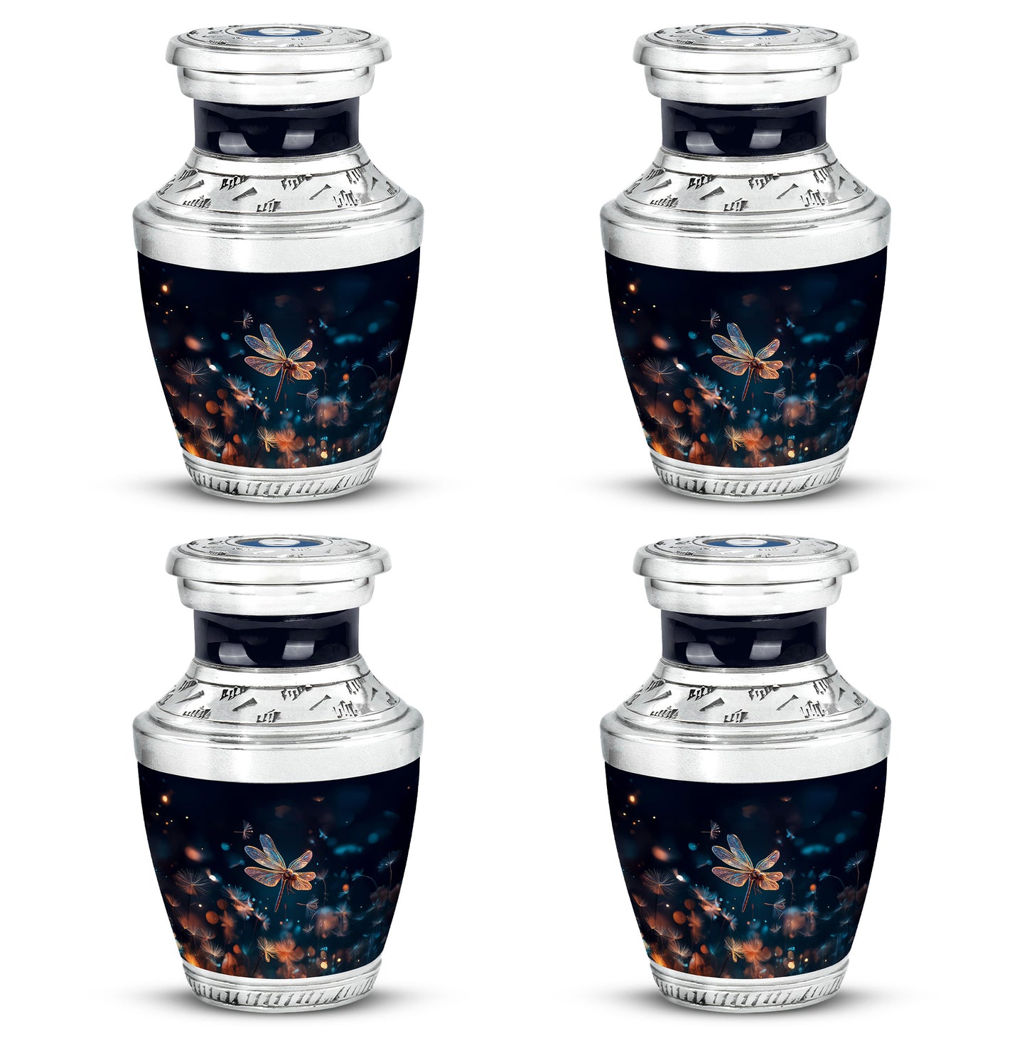 Sapphire Blue Dragonfly Cremation Urn back view with polished surface - stylized abstract dragonfly pattern with bold lines - 10 inch aluminum urn for cremated remains