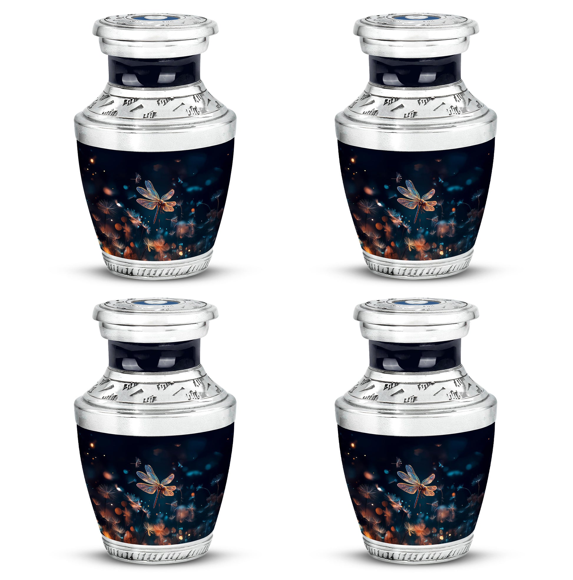 Sapphire Blue Dragonfly Cremation Urn back view with polished surface - stylized abstract dragonfly pattern with bold lines - 10 inch aluminum urn for cremated remains