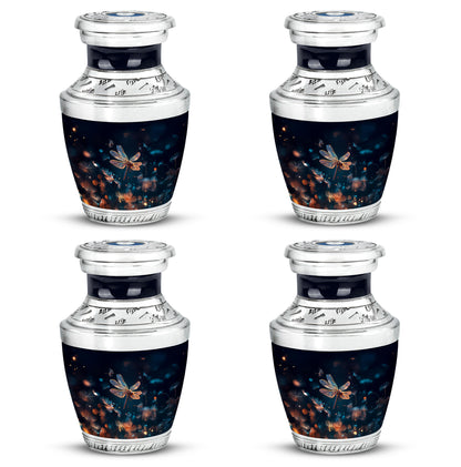Sapphire Blue Dragonfly Cremation Urn back view with polished surface - stylized abstract dragonfly pattern with bold lines - 10 inch aluminum urn for cremated remains