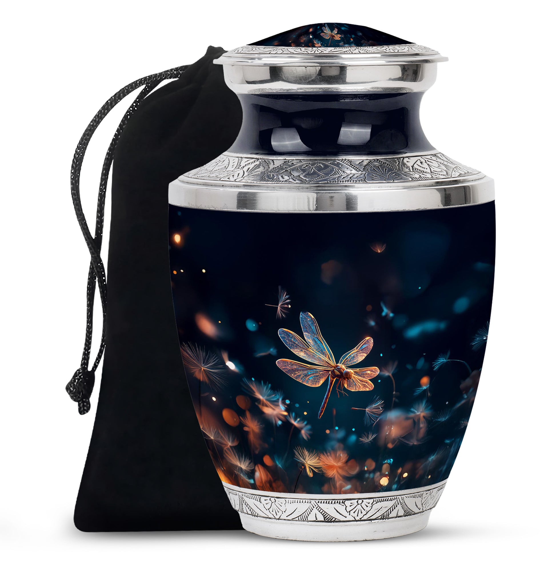 Icy Blue Dragonfly Cremation Urn side profile showing urn shape - contemporary dragonfly design with modern artistic flair - full-size 10 inch 200 cubic inch adult cremation urn