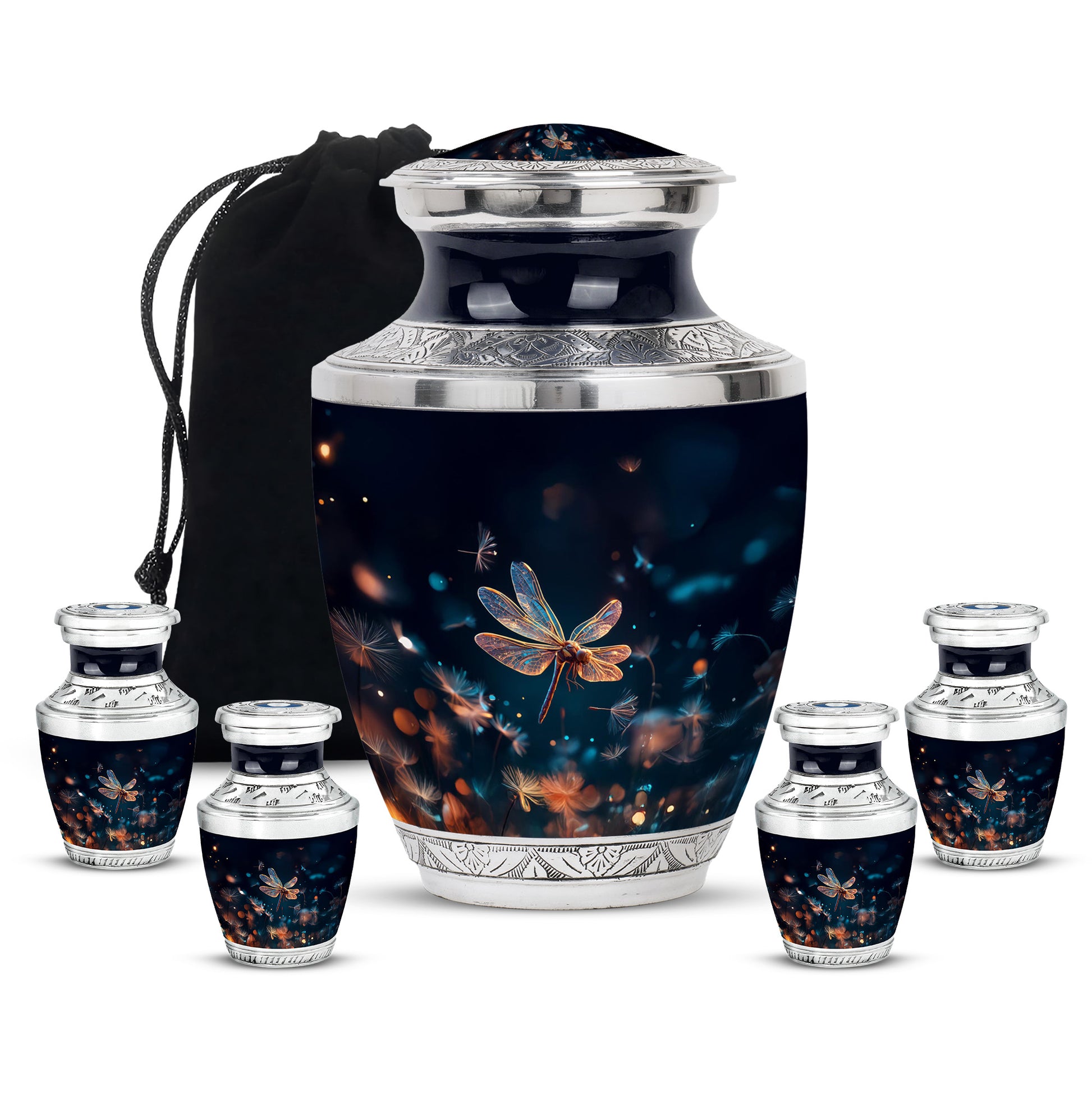 Navy Blue Dragonfly Cremation Urn lifestyle display on memorial shelf - modern art-inspired dragonfly motif on sleek aluminum - memorial set with one large and four small urns