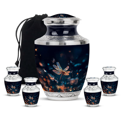 Navy Blue Dragonfly Cremation Urn lifestyle display on memorial shelf - modern art-inspired dragonfly motif on sleek aluminum - memorial set with one large and four small urns