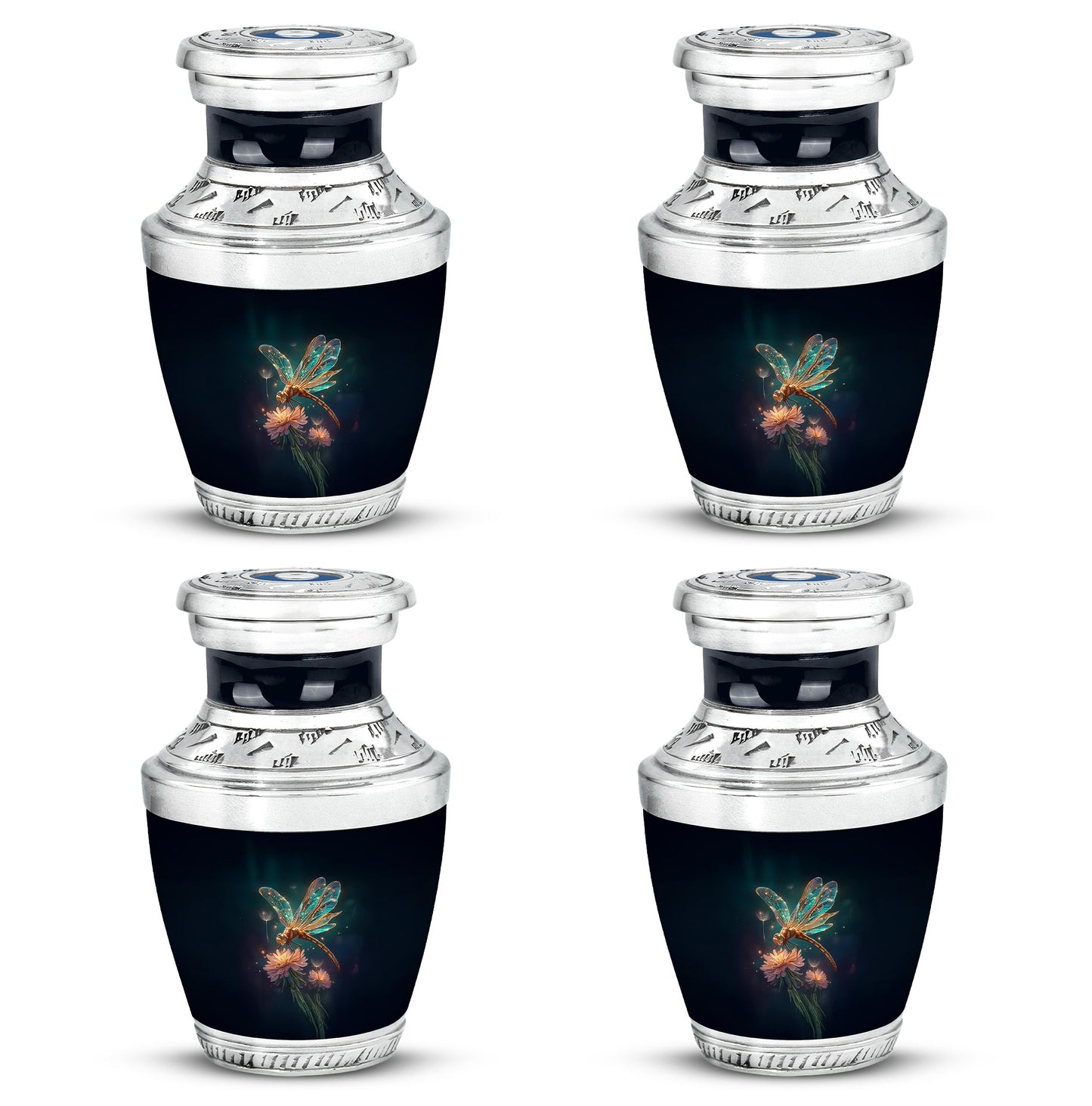 Soft Blue Dragonfly Cremation Urn back view with polished surface - stylized abstract dragonfly pattern with bold lines - 10 inch aluminum urn for cremated remains