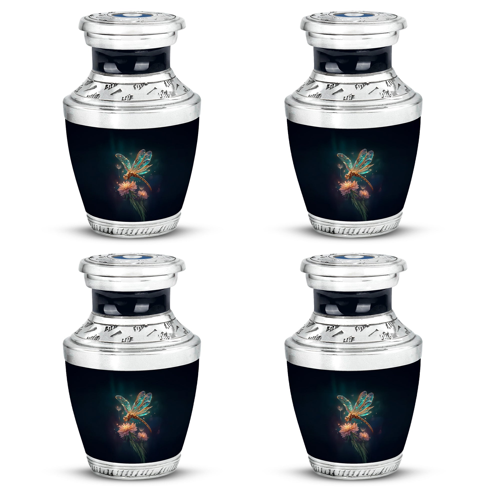 Soft Blue Dragonfly Cremation Urn back view with polished surface - stylized abstract dragonfly pattern with bold lines - 10 inch aluminum urn for cremated remains