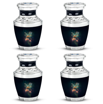 Soft Blue Dragonfly Cremation Urn back view with polished surface - stylized abstract dragonfly pattern with bold lines - 10 inch aluminum urn for cremated remains