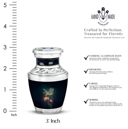 Twilight Blue Dragonfly Cremation Urn top-down view of secure threaded lid - artistic dragonfly interpretation with creative detail - mini keepsake memorial for portion of cremation ashes