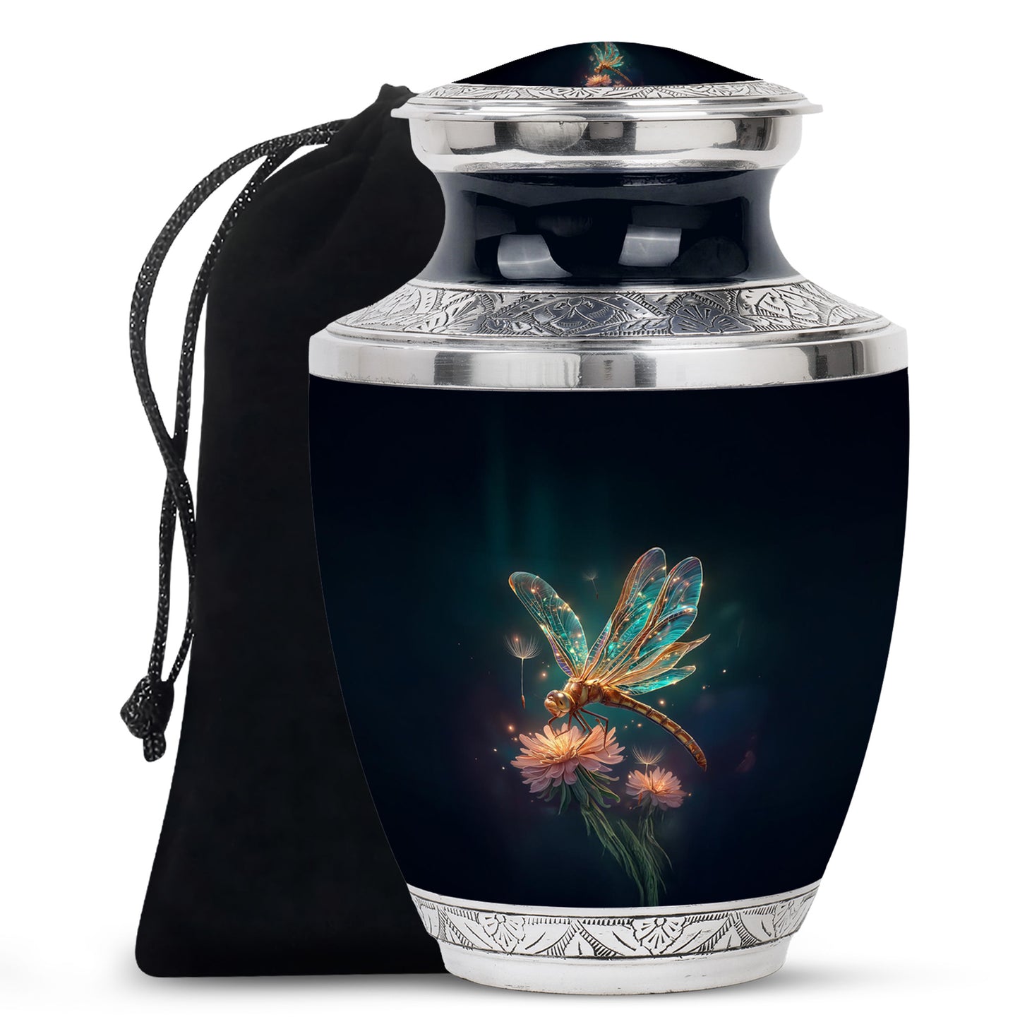 Icy Blue Dragonfly Cremation Urn side profile showing urn shape - contemporary dragonfly design with modern artistic flair - full-size 10 inch 200 cubic inch adult cremation urn
