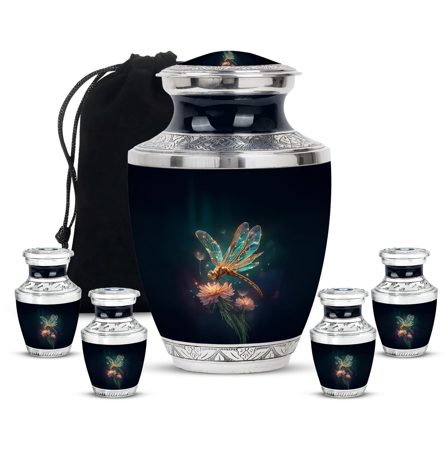 Navy Blue Dragonfly Cremation Urn lifestyle display on memorial shelf - modern art-inspired dragonfly motif on sleek aluminum - memorial set with one large and four small urns