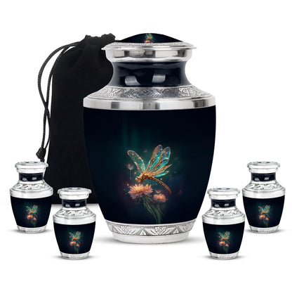Navy Blue Dragonfly Cremation Urn lifestyle display on memorial shelf - modern art-inspired dragonfly motif on sleek aluminum - memorial set with one large and four small urns