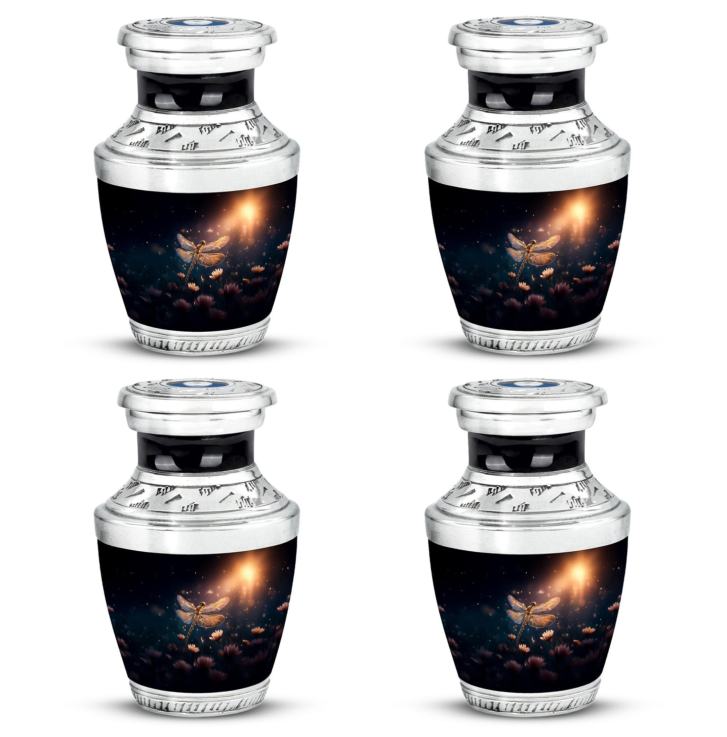 Misty Blue Dragonfly Cremation Urn back view with polished surface - contemporary dragonfly design with modern artistic flair - 10 inch aluminum urn for cremated remains