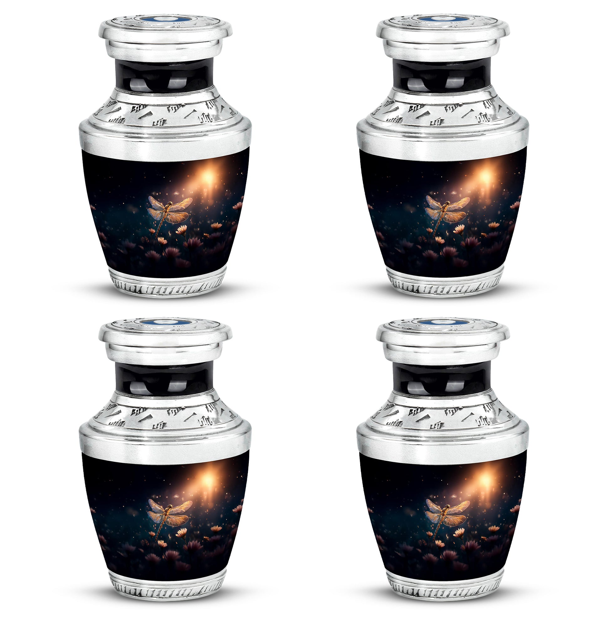 Misty Blue Dragonfly Cremation Urn back view with polished surface - contemporary dragonfly design with modern artistic flair - 10 inch aluminum urn for cremated remains