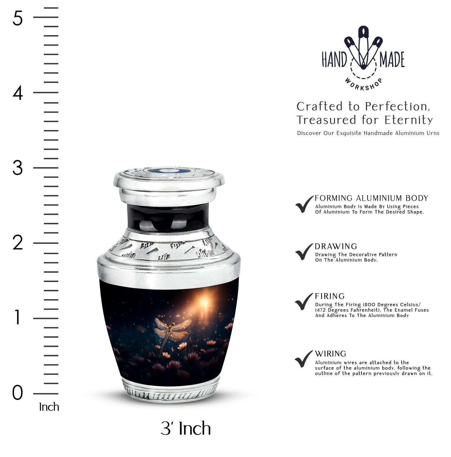 Cobalt Blue Dragonfly Cremation Urn top-down view of secure threaded lid - stylized abstract dragonfly pattern with bold lines - mini keepsake memorial for portion of cremation ashes