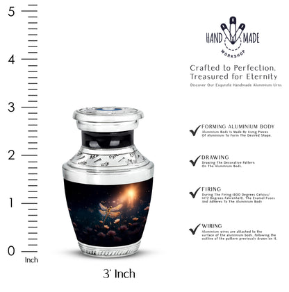 Cobalt Blue Dragonfly Cremation Urn top-down view of secure threaded lid - stylized abstract dragonfly pattern with bold lines - mini keepsake memorial for portion of cremation ashes
