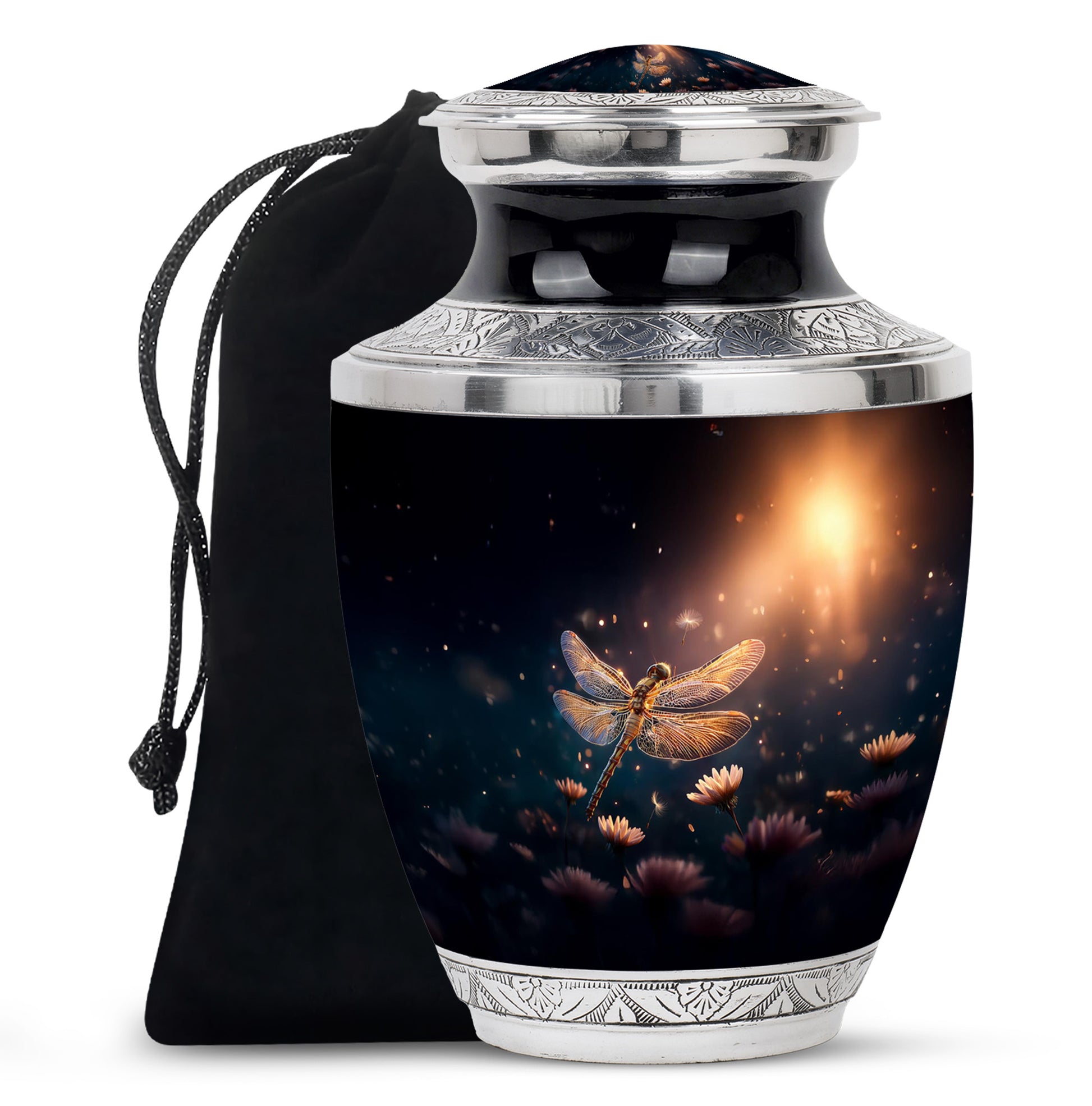 Sky Blue Dragonfly Cremation Urn side profile showing urn shape - contemporary dragonfly design with modern artistic flair - full-size 10 inch 200 cubic inch adult cremation urn
