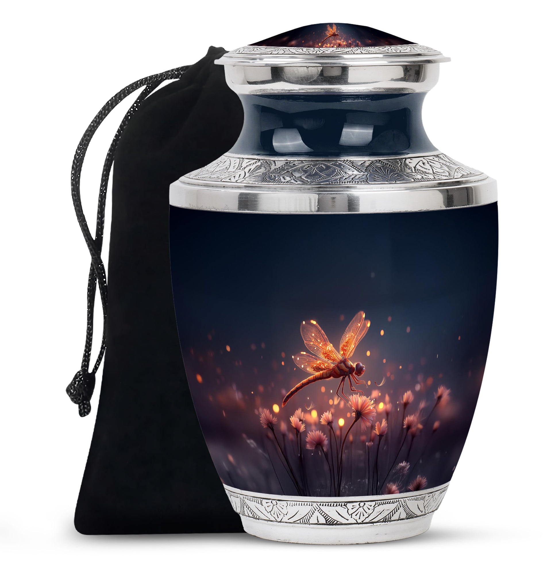 Sapphire Blue Dragonfly Cremation Urn side profile showing urn shape - stylized abstract dragonfly pattern with bold lines - full-size 10 inch 200 cubic inch adult cremation urn