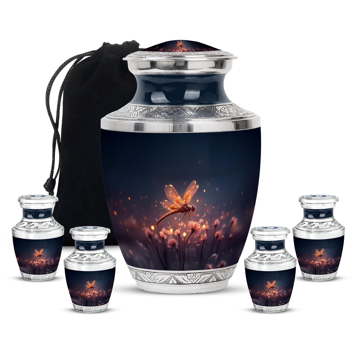 Celestial Blue Dragonfly Cremation Urn lifestyle display on memorial shelf - modern art-inspired dragonfly motif on sleek aluminum - memorial set with one large and four small urns
