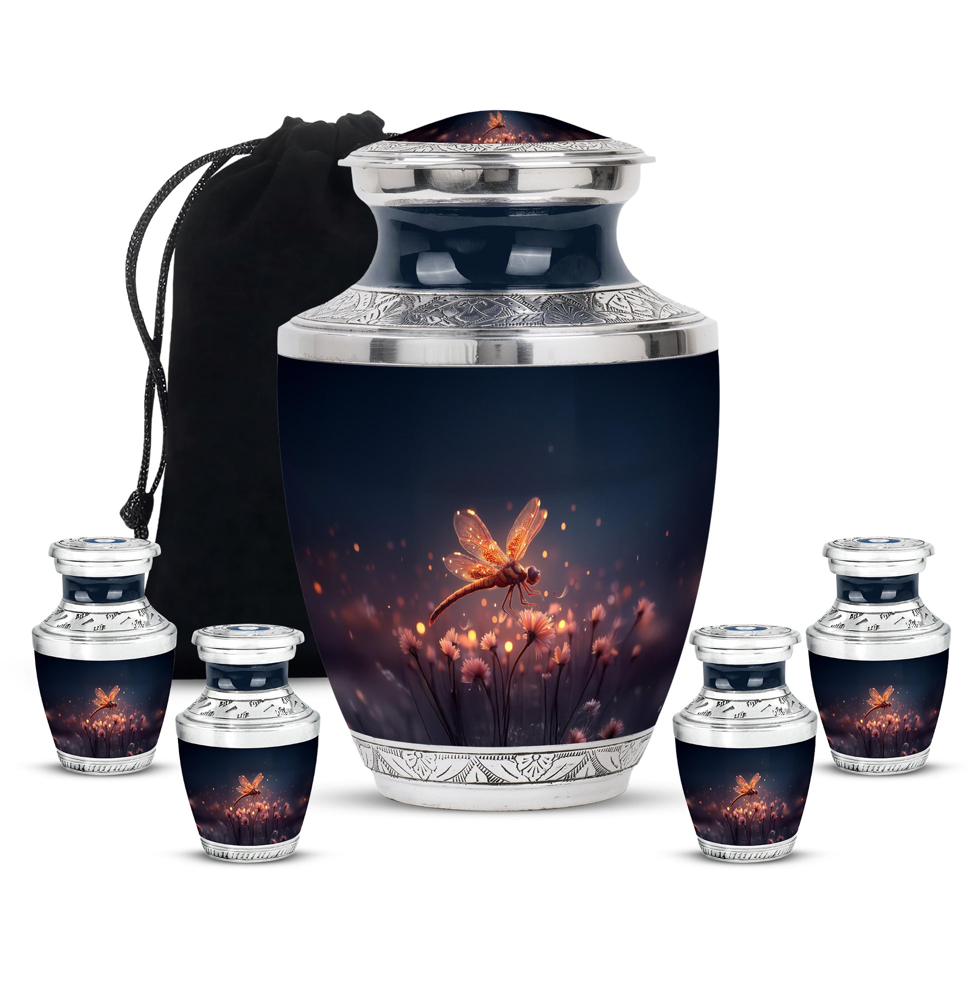 Celestial Blue Dragonfly Cremation Urn lifestyle display on memorial shelf - modern art-inspired dragonfly motif on sleek aluminum - memorial set with one large and four small urns