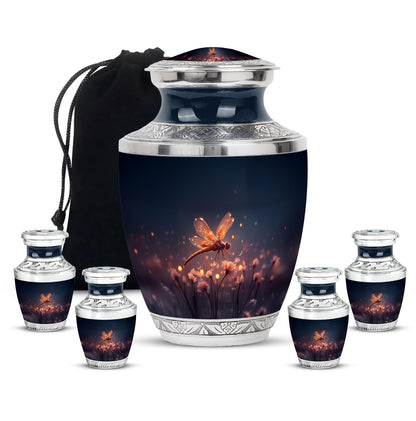 Celestial Blue Dragonfly Cremation Urn lifestyle display on memorial shelf - modern art-inspired dragonfly motif on sleek aluminum - memorial set with one large and four small urns