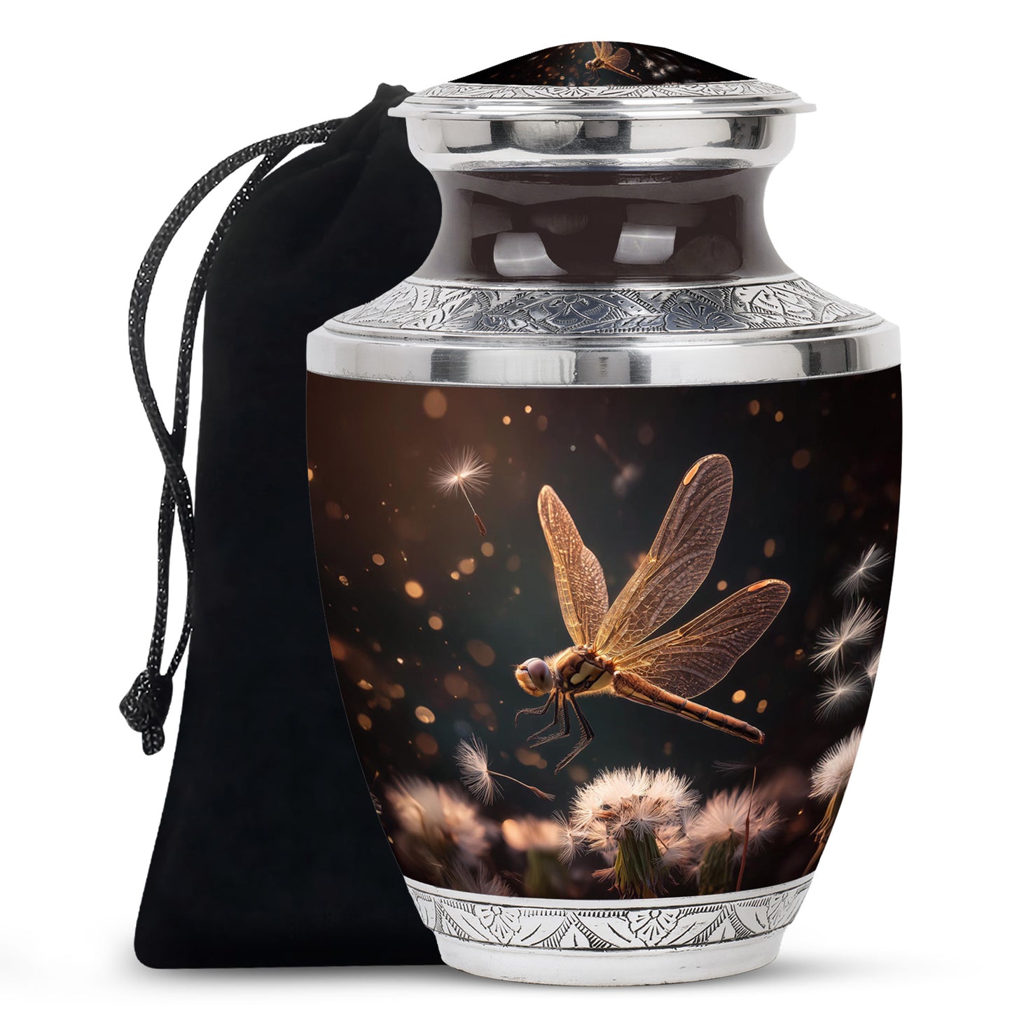 Charcoal Black Dragonfly Cremation Urn side profile showing urn shape - stylized abstract dragonfly pattern with bold lines - full-size 10 inch 200 cubic inch adult cremation urn