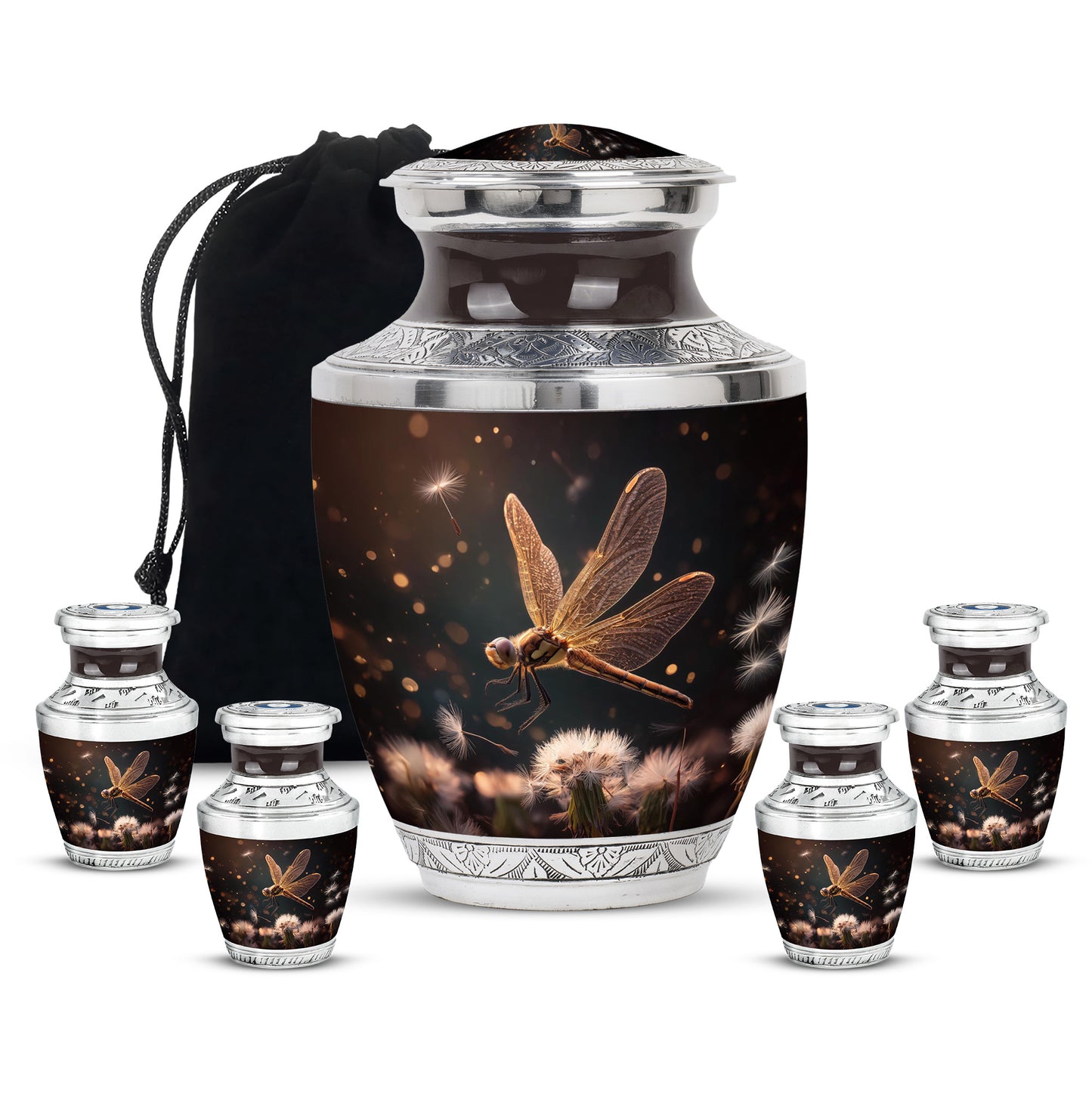 Glossy Black Dragonfly Cremation Urn lifestyle display on memorial shelf - contemporary dragonfly design with modern artistic flair - memorial set with one large and four small urns