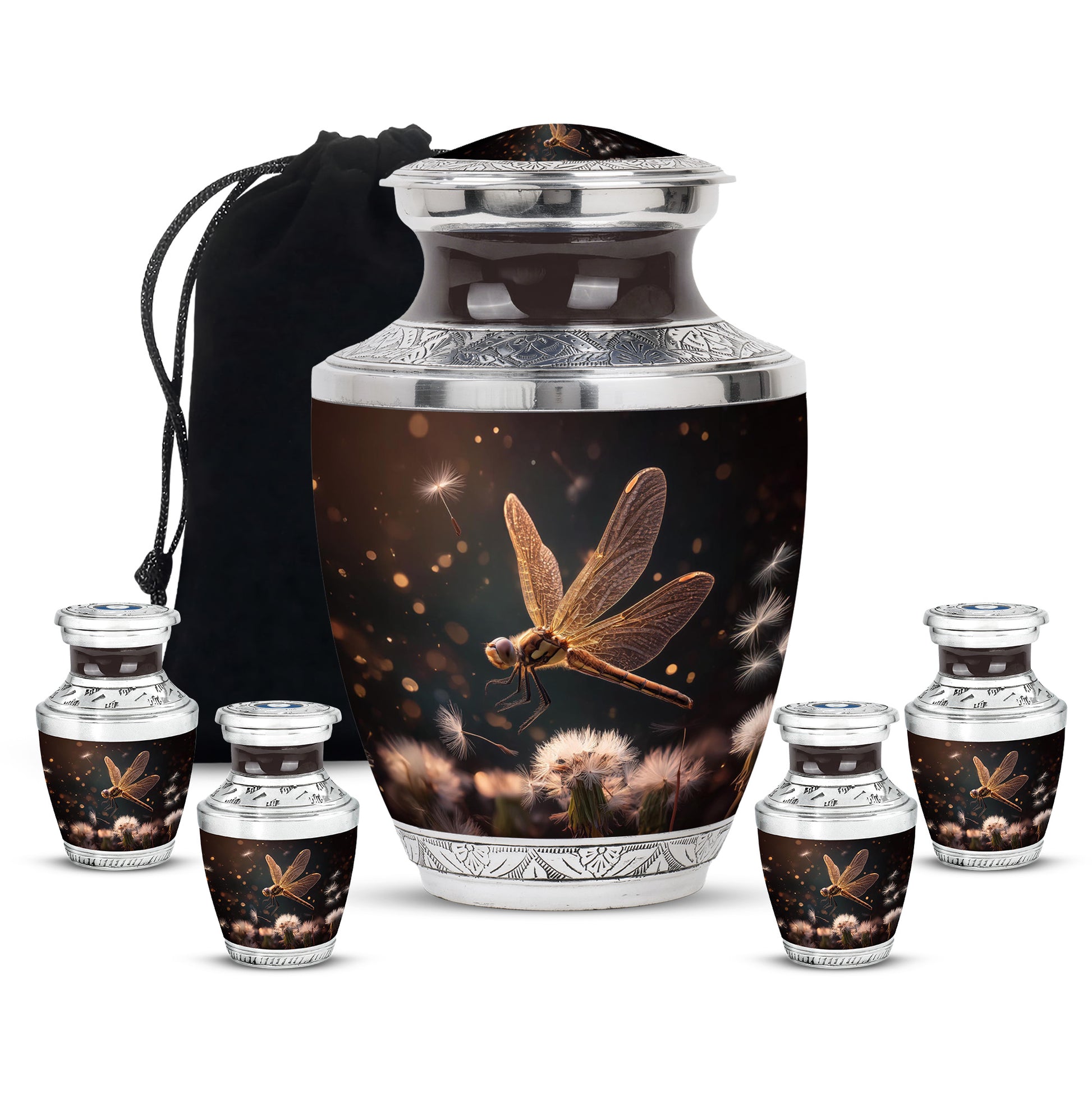 Glossy Black Dragonfly Cremation Urn lifestyle display on memorial shelf - contemporary dragonfly design with modern artistic flair - memorial set with one large and four small urns