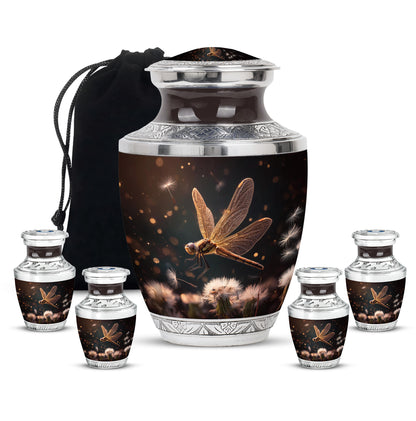 Glossy Black Dragonfly Cremation Urn lifestyle display on memorial shelf - contemporary dragonfly design with modern artistic flair - memorial set with one large and four small urns
