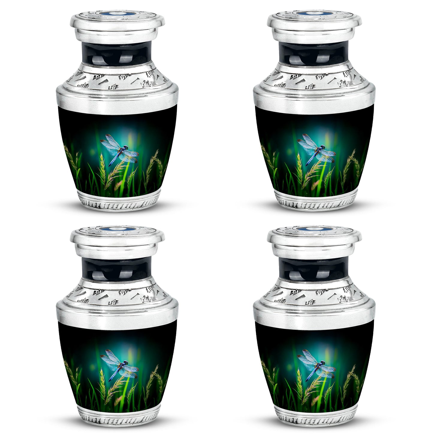 Soft Teal Dragonfly Cremation Urn back view with polished surface - modern art-inspired dragonfly motif on sleek aluminum - 10 inch aluminum urn for cremated remains