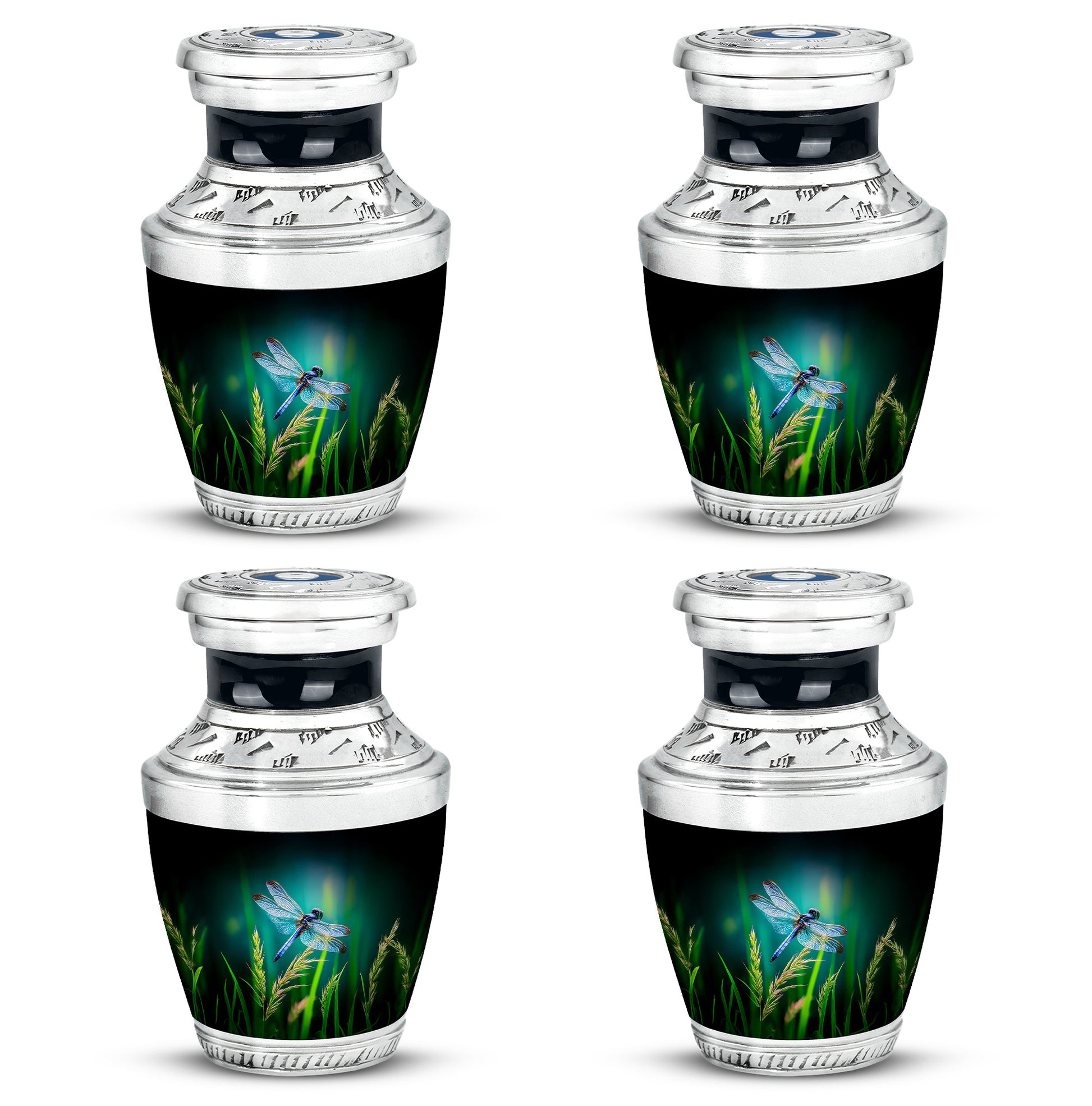 Soft Teal Dragonfly Cremation Urn back view with polished surface - modern art-inspired dragonfly motif on sleek aluminum - 10 inch aluminum urn for cremated remains