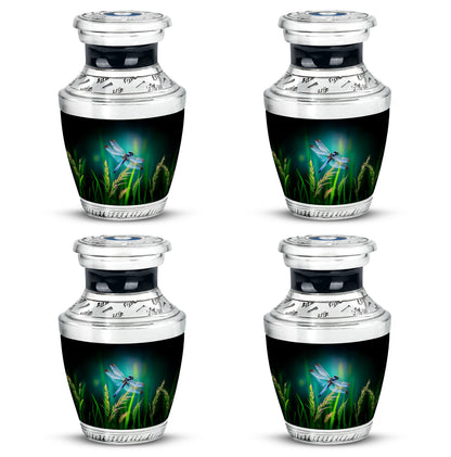 Soft Teal Dragonfly Cremation Urn back view with polished surface - modern art-inspired dragonfly motif on sleek aluminum - 10 inch aluminum urn for cremated remains