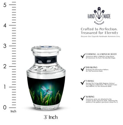Aqua Teal Dragonfly Cremation Urn top-down view of secure threaded lid - stylized abstract dragonfly pattern with bold lines - mini keepsake memorial for portion of cremation ashes