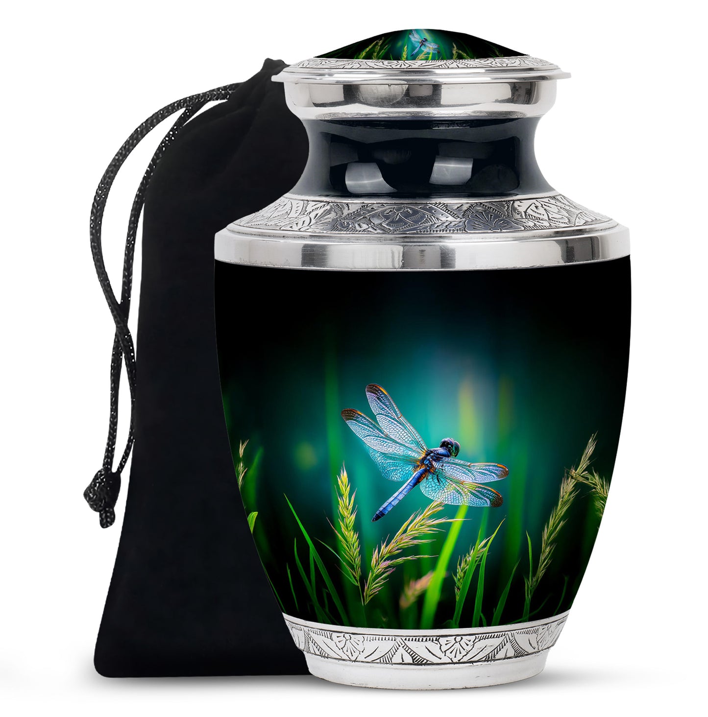 Vivid Teal Dragonfly Cremation Urn side profile showing urn shape - stylized abstract dragonfly pattern with bold lines - full-size 10 inch 200 cubic inch adult cremation urn